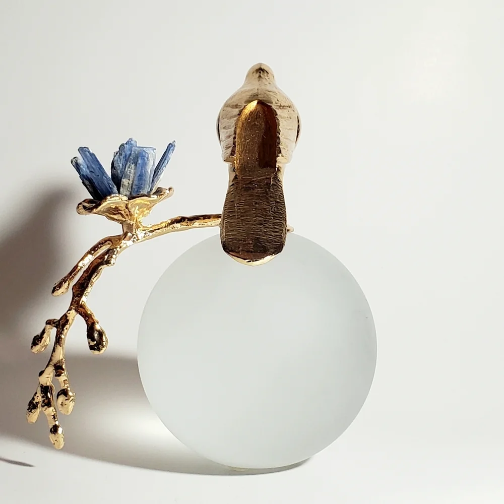 Modern Minimalist Art Glass Sculpture with Gold Tone Bird  & Quartz Gemstones